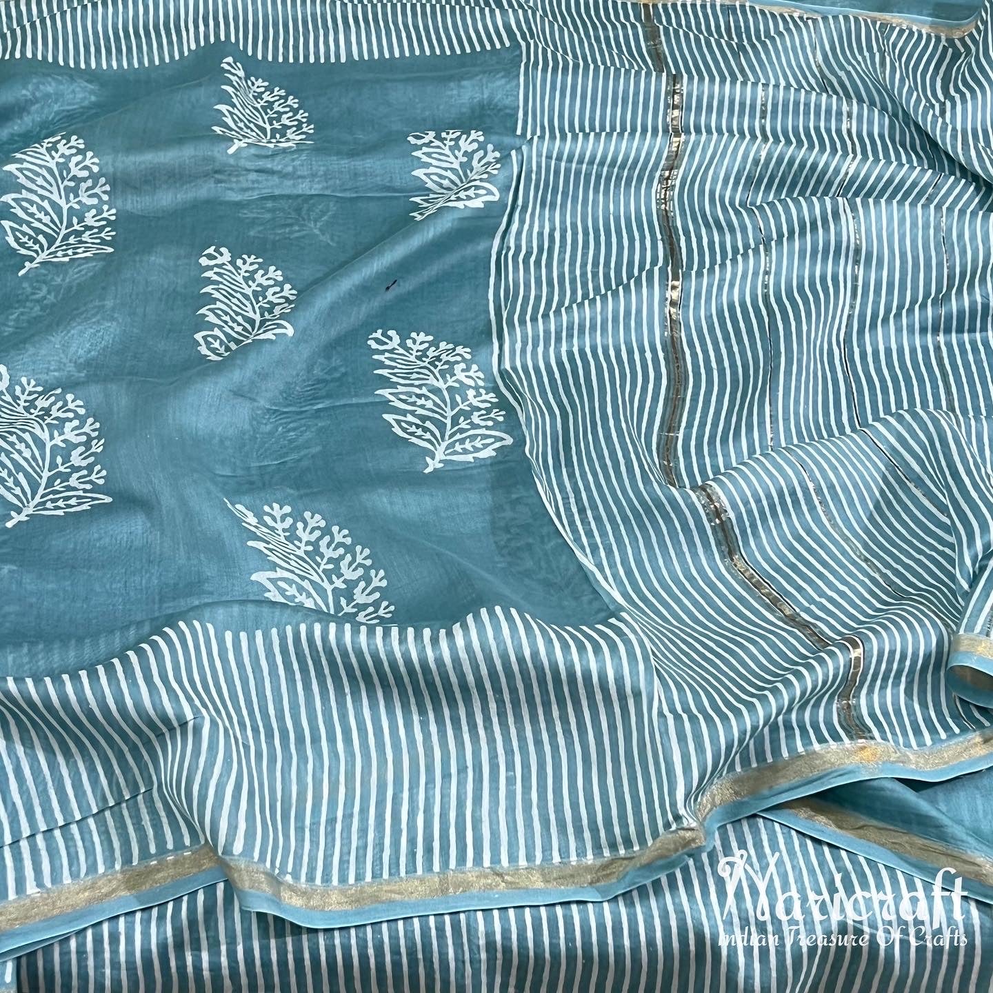 Cadet blue chanderi sico saree - dhabu block printing