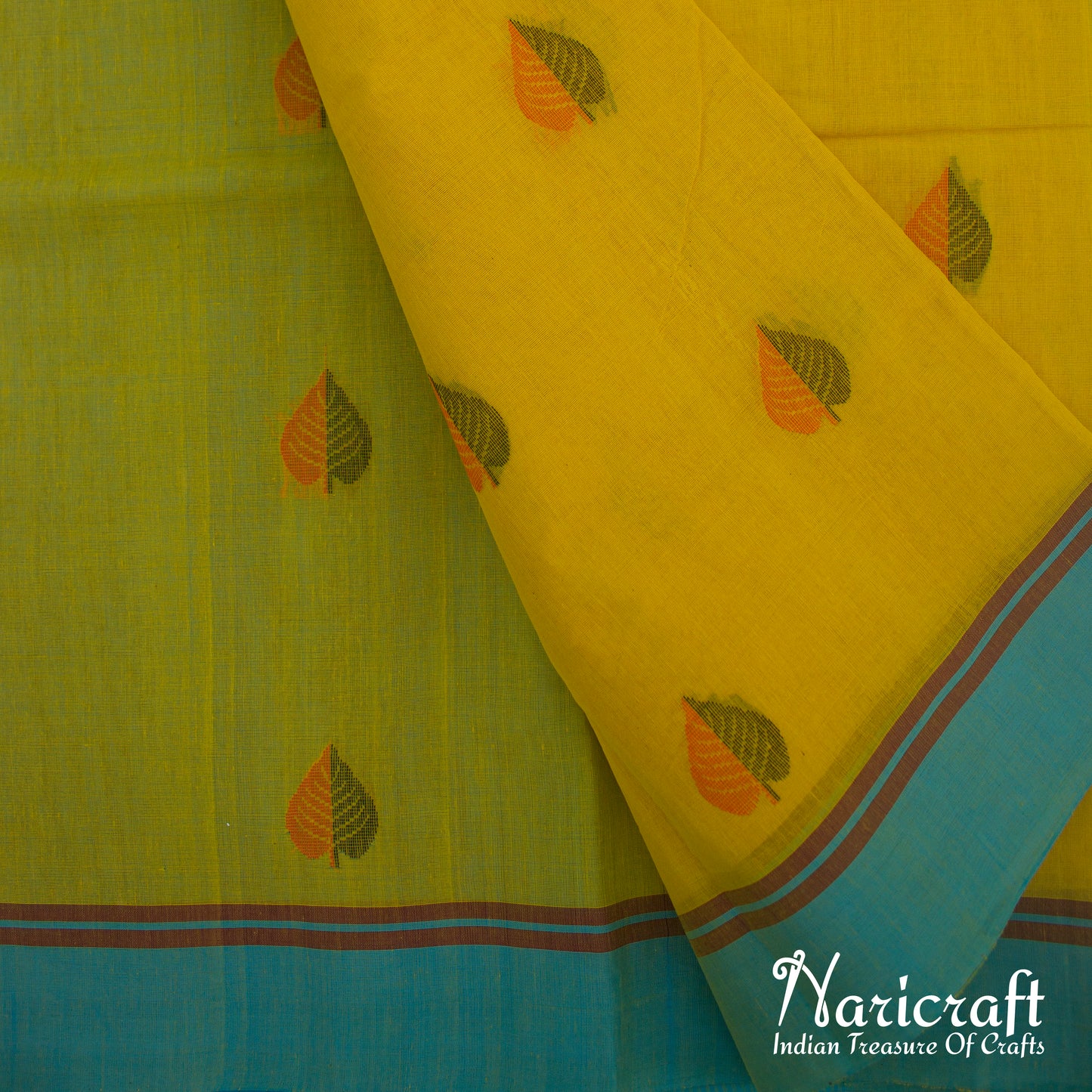 Yellow saree with dual colour leaf