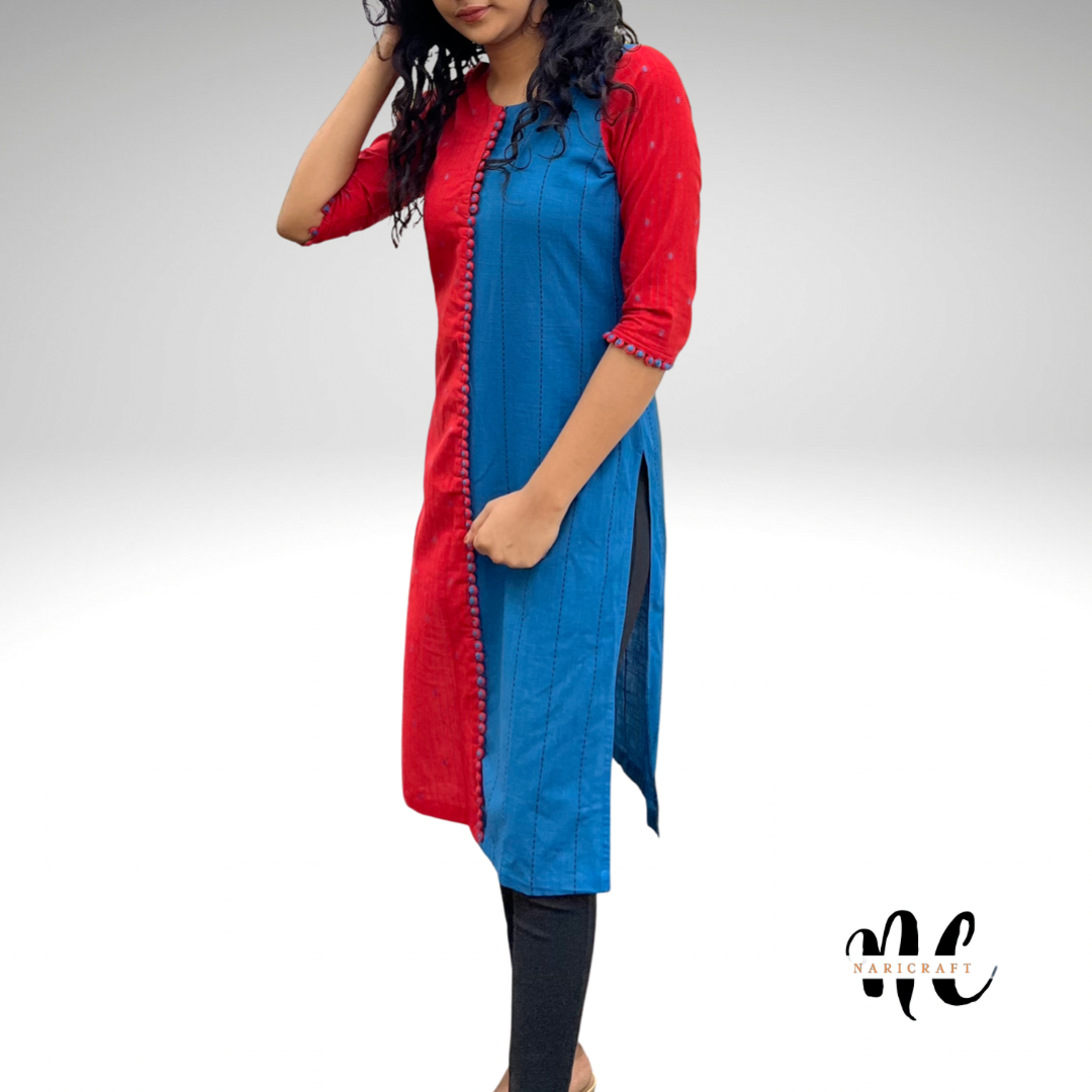 Red and blue handloom cotton Kurta