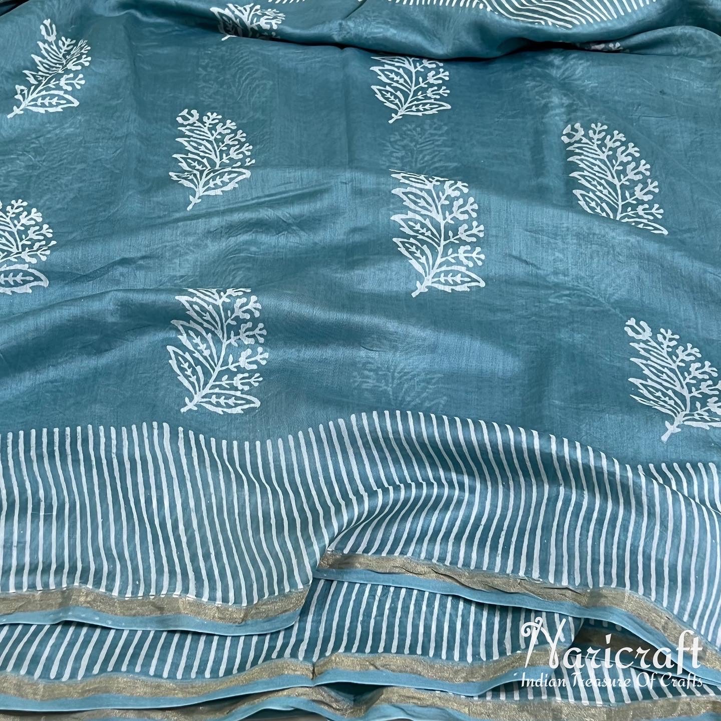 Cadet blue chanderi sico saree - dhabu block printing