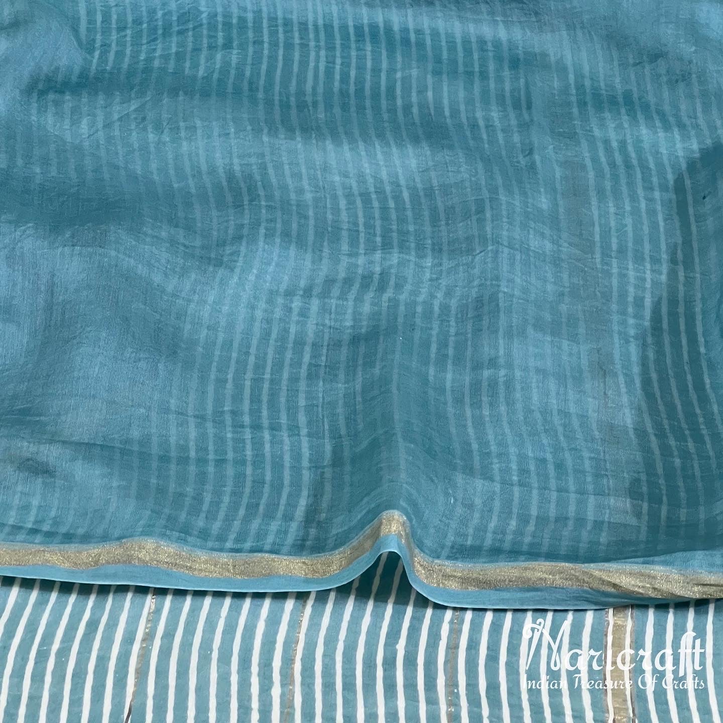 Cadet blue chanderi sico saree - dhabu block printing