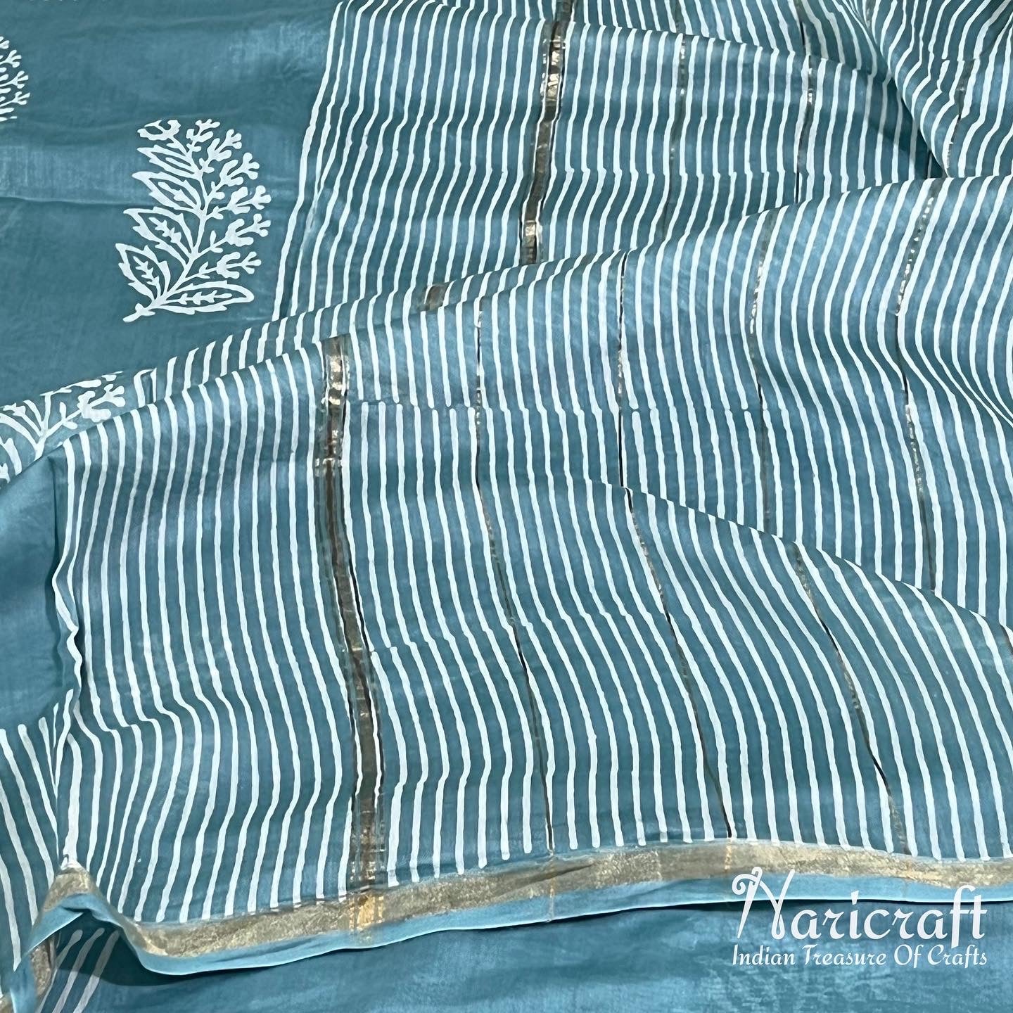 Cadet blue chanderi sico saree - dhabu block printing