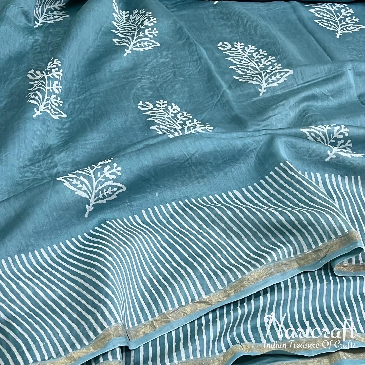 Cadet blue chanderi sico saree - dhabu block printing