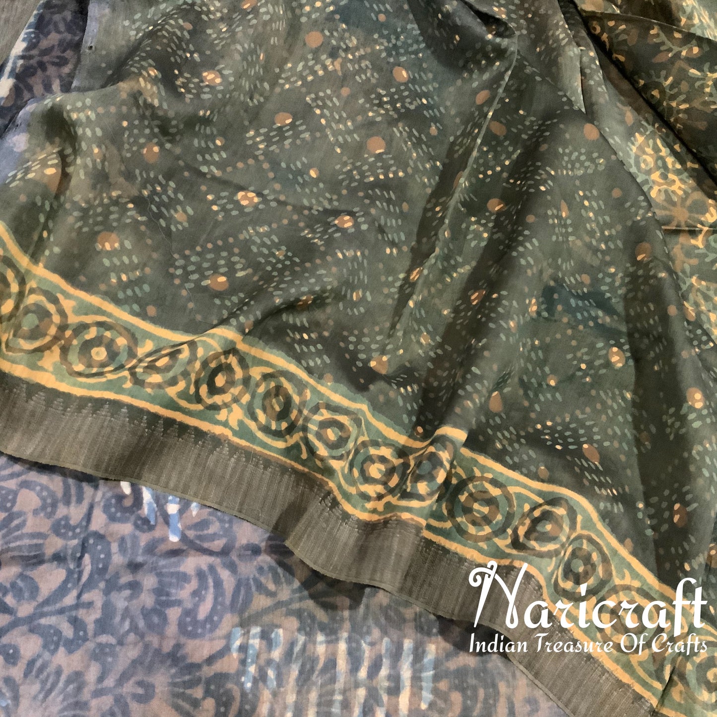 Olive green and Indigo colour - dabu block print saree