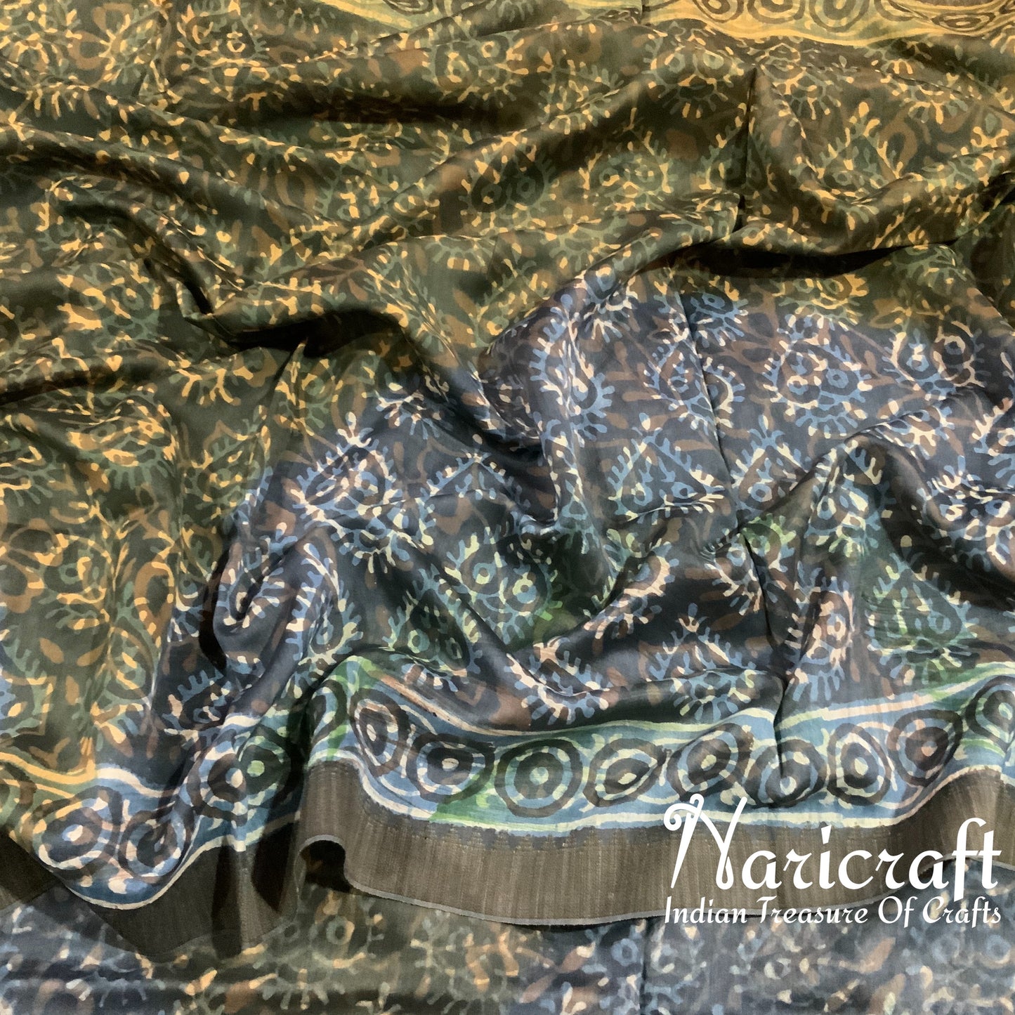 Olive green and Indigo colour - dabu block print saree