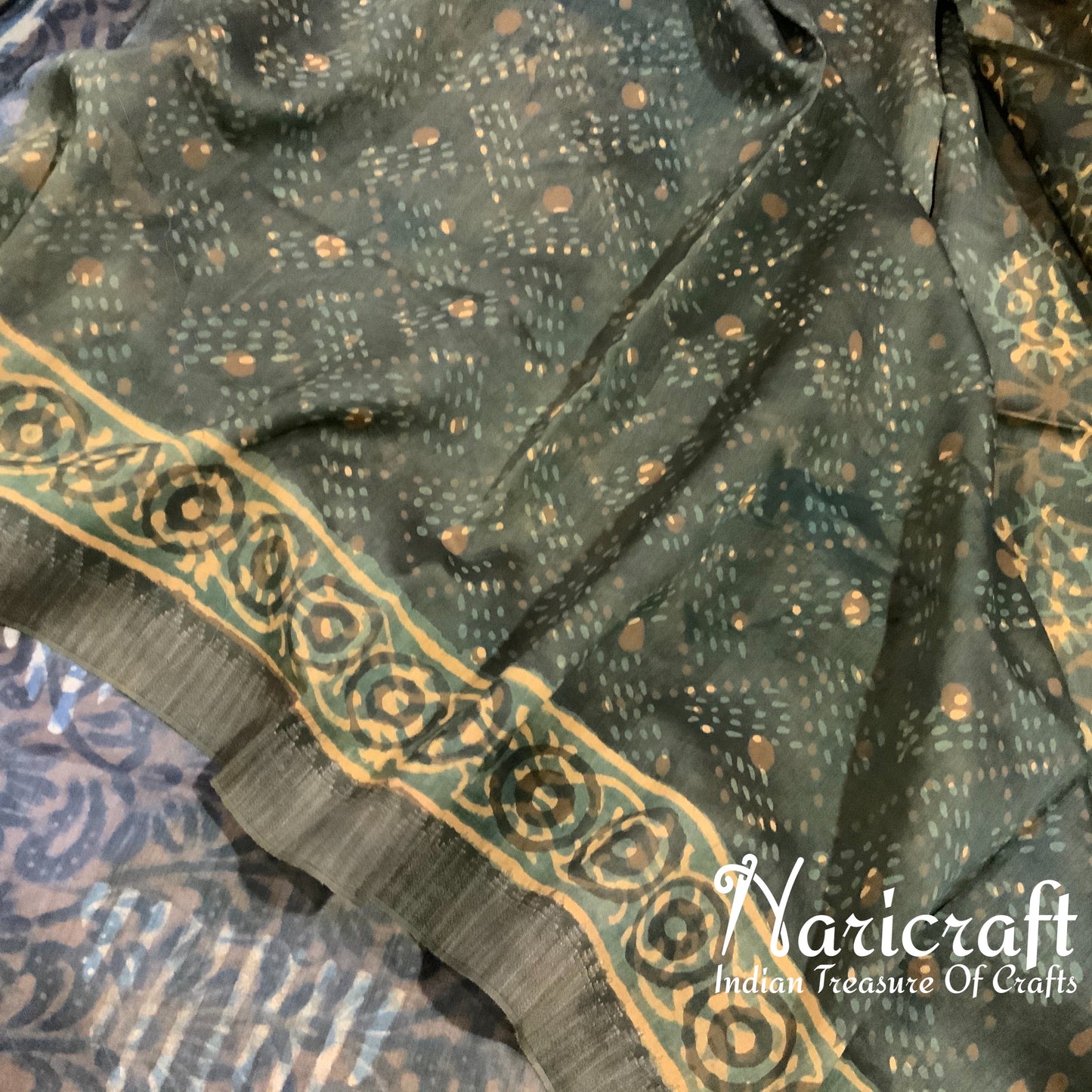 Olive green and Indigo colour - dabu block print saree