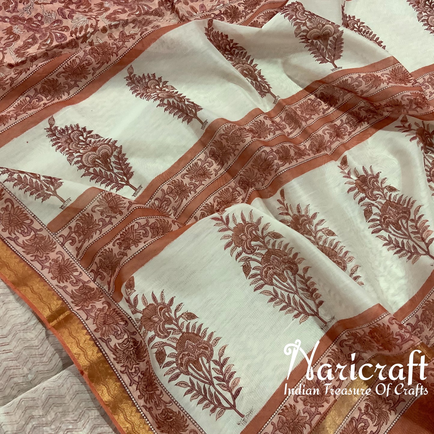 Brick red colour sanganeri block print saree