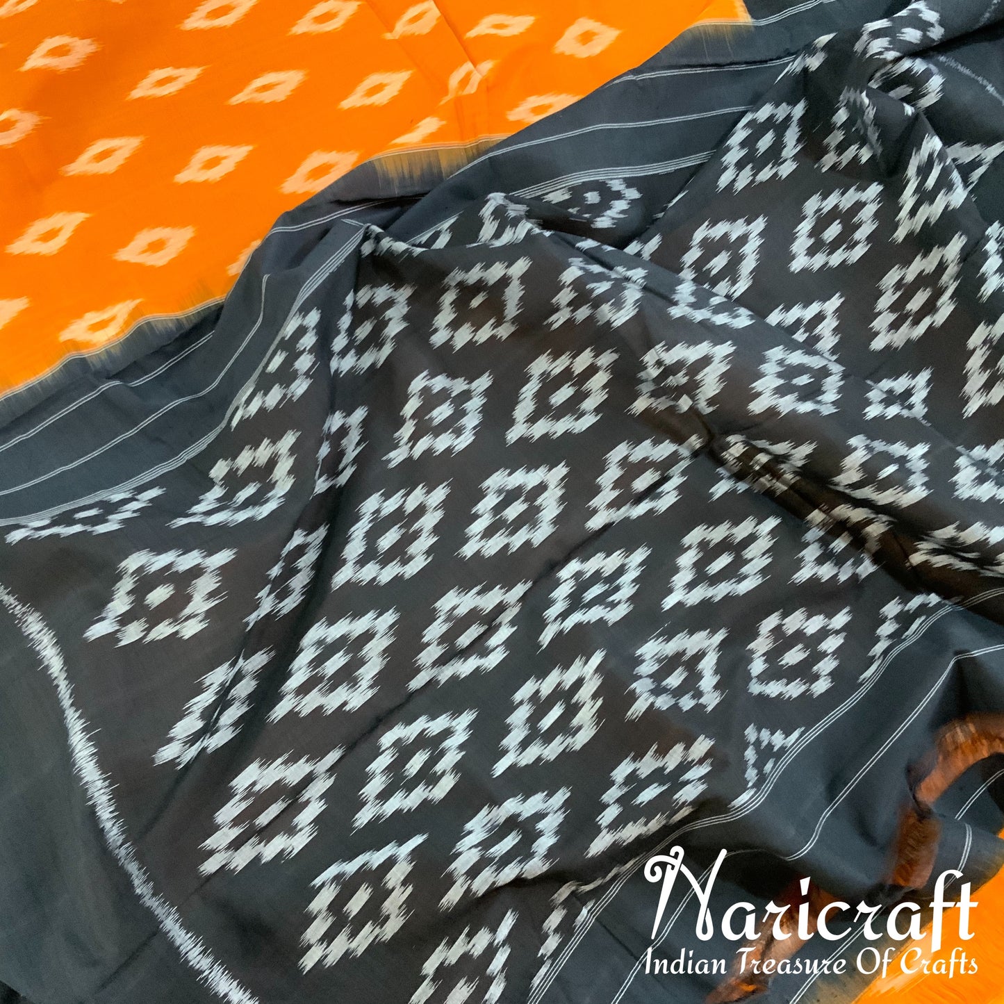 Pochampalli Ikat cotton saree - Orange and Black