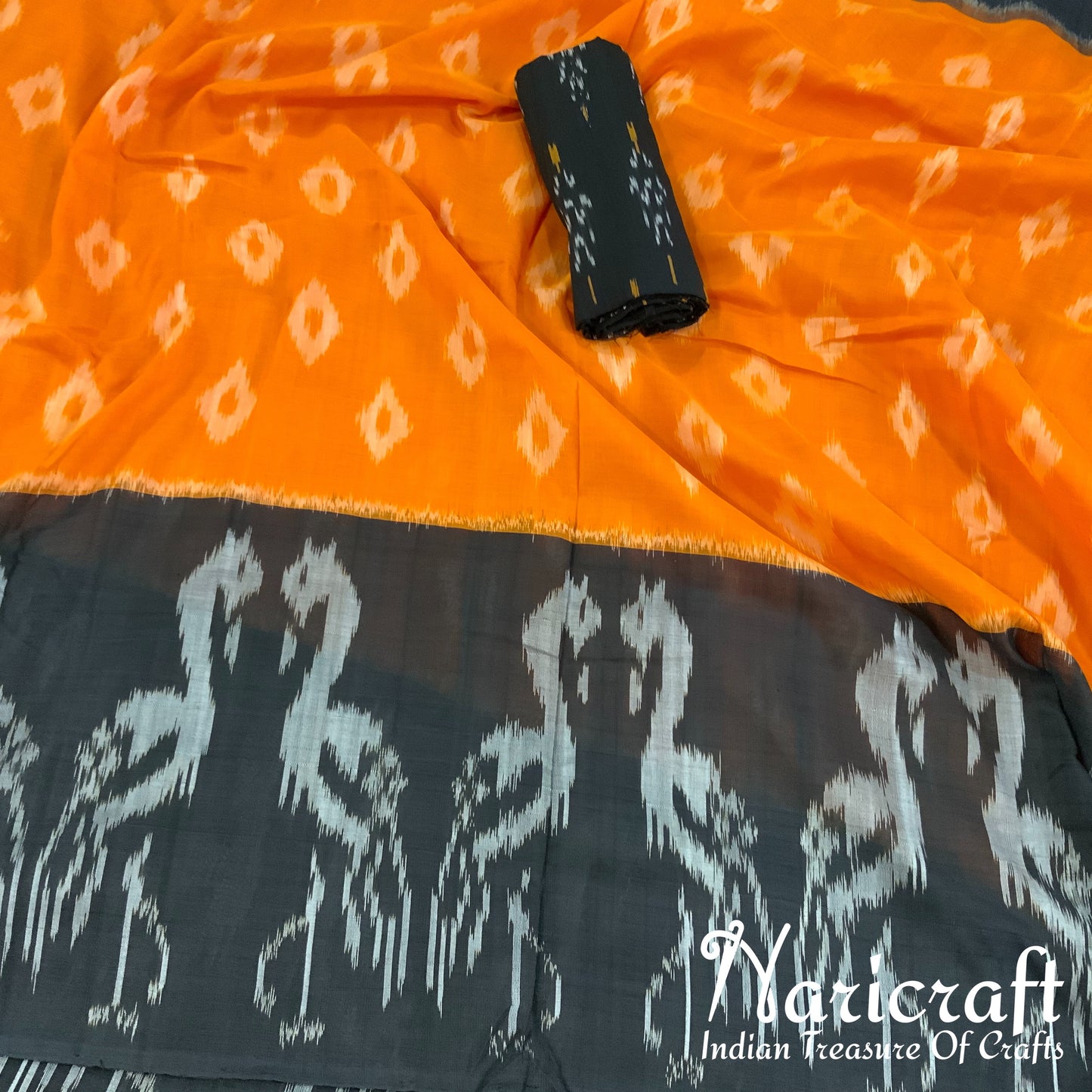 Pochampalli Ikat cotton saree - Orange and Black