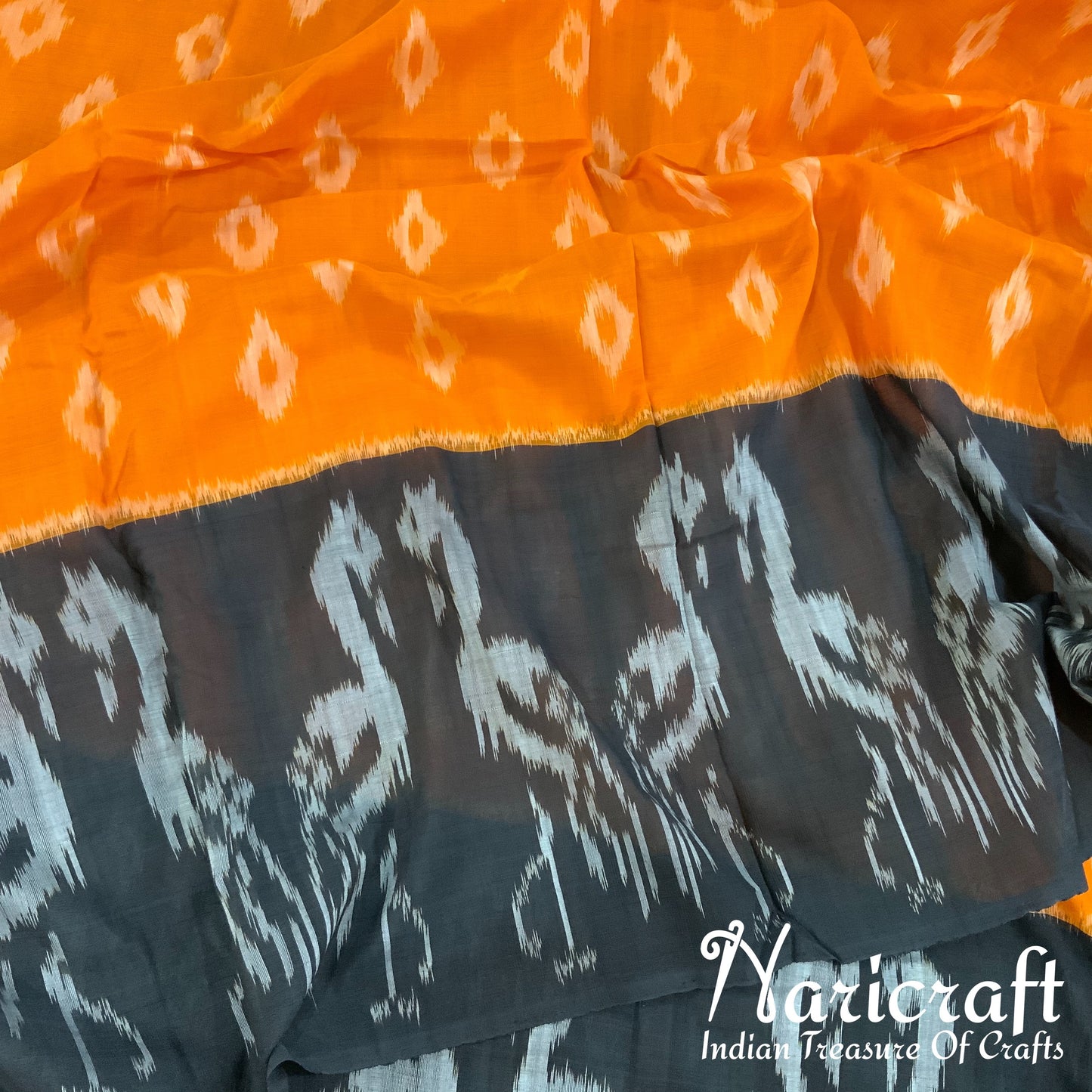 Pochampalli Ikat cotton saree - Orange and Black