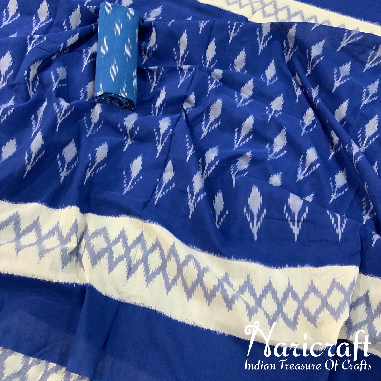 Pochampalli Ikat cotton saree - Blue and White