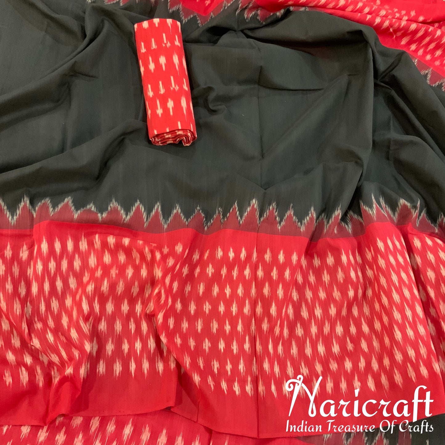 Pochampalli Ikat cotton saree - Red Big Border and Black