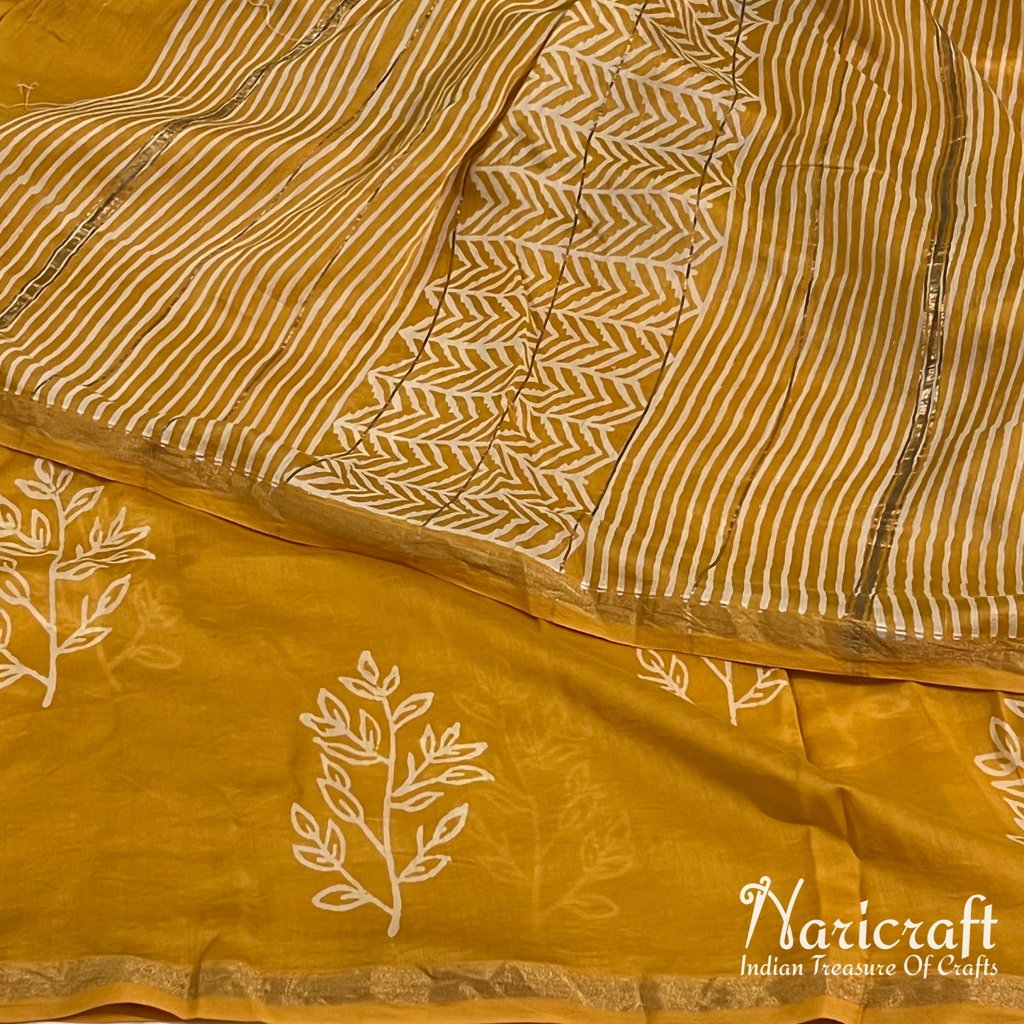 Mustard chanderi sico saree - dhabu block printing