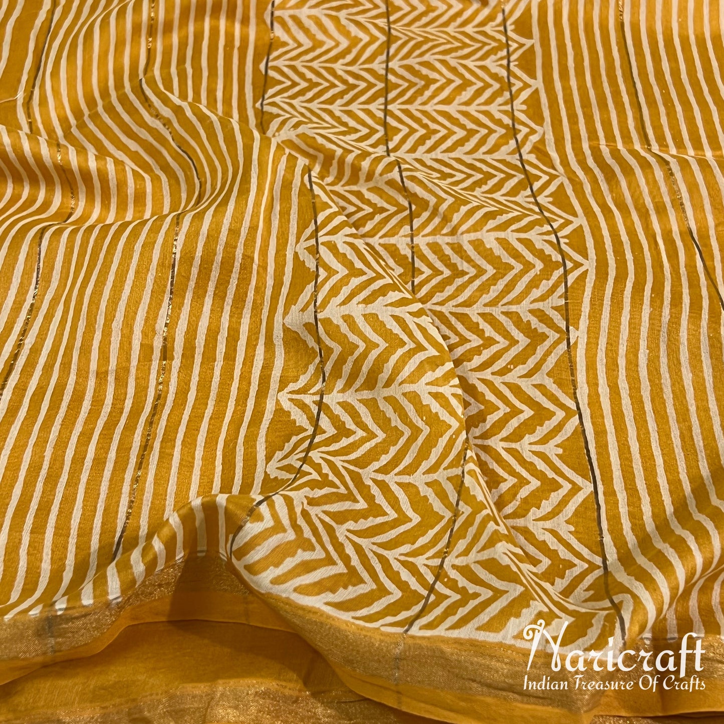 Mustard chanderi sico saree - dhabu block printing