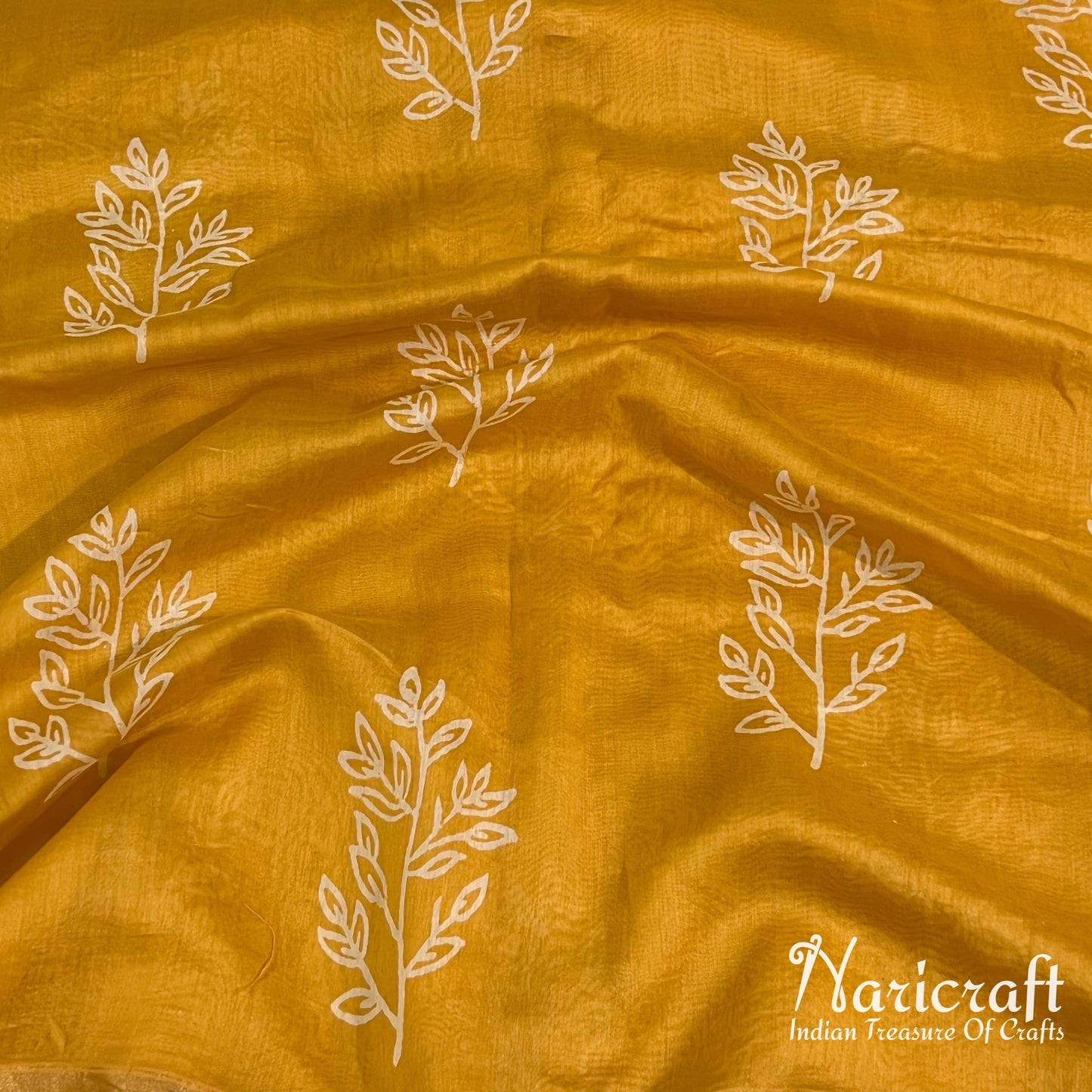 Mustard chanderi sico saree - dhabu block printing