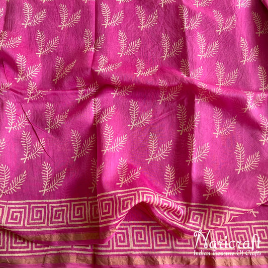 Pink chanderi sico saree - dhabu block printing