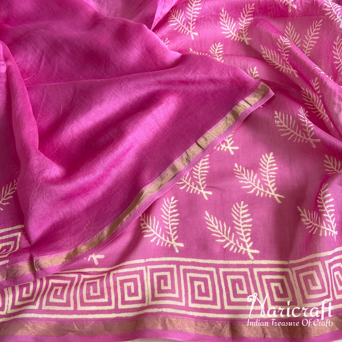 Pink chanderi sico saree - dhabu block printing
