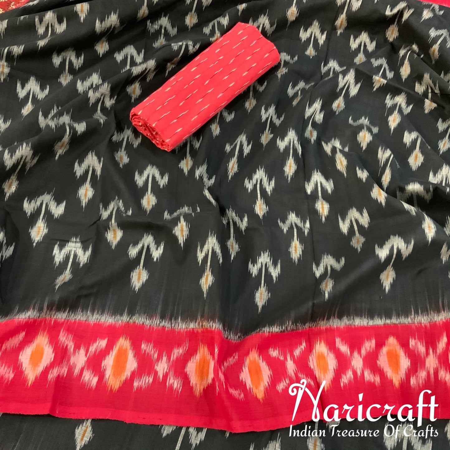 Pochampalli Ikat cotton saree - Black and Red