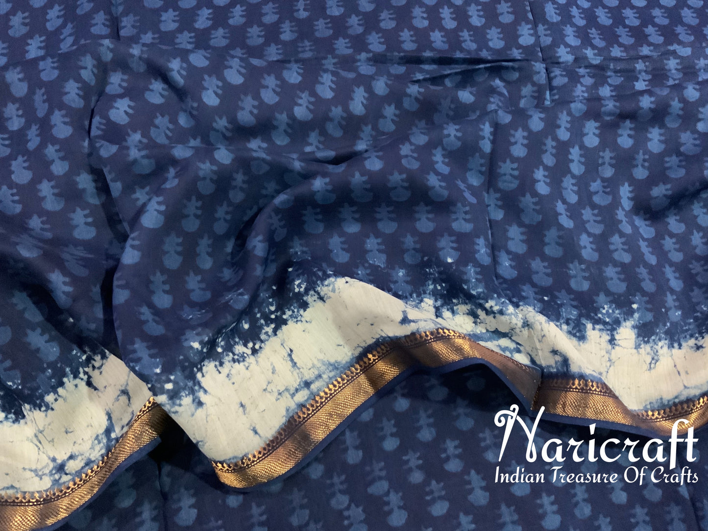 Indigo blue sanganeri block print saree