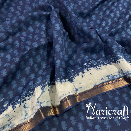 Indigo blue sanganeri block print saree