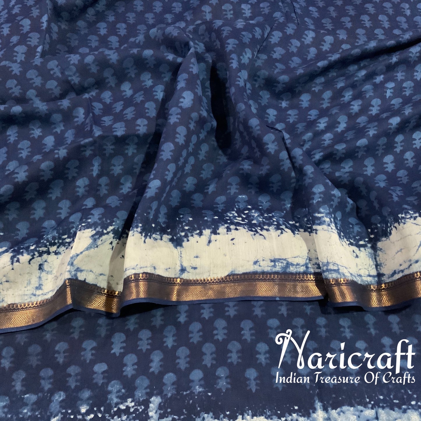 Indigo blue sanganeri block print saree